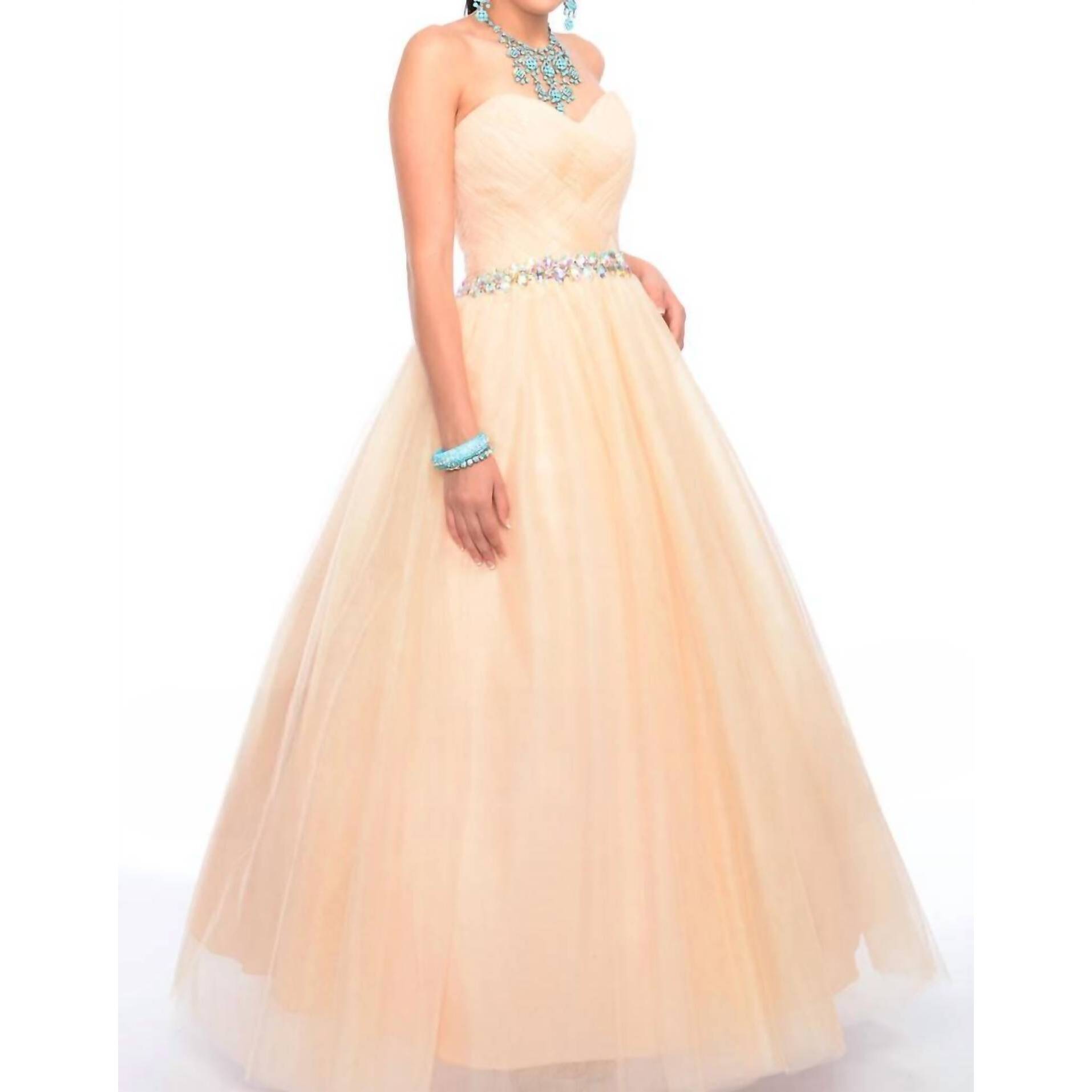 New Precious Formals Shimmery Waistline Beadwork Strapless Ballgown In Nude